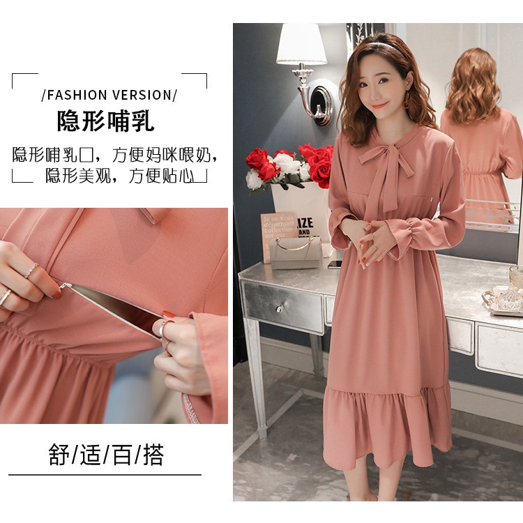 Váy bầu phối buộc nơ cổ có khóa mở sau sinh cho bé ti w101