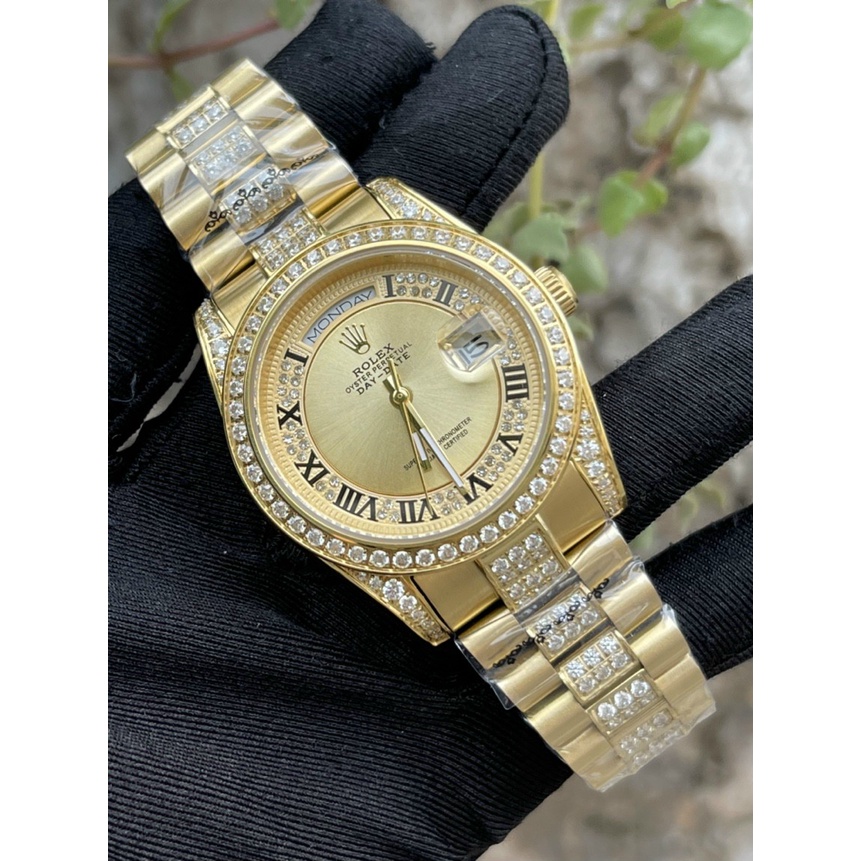 Đồng hồ Nam Rolex vuông cơ automatic  6kim trăng sao mặt vuông size 40-41 dây kim loại mặt trắng vỏ vàng