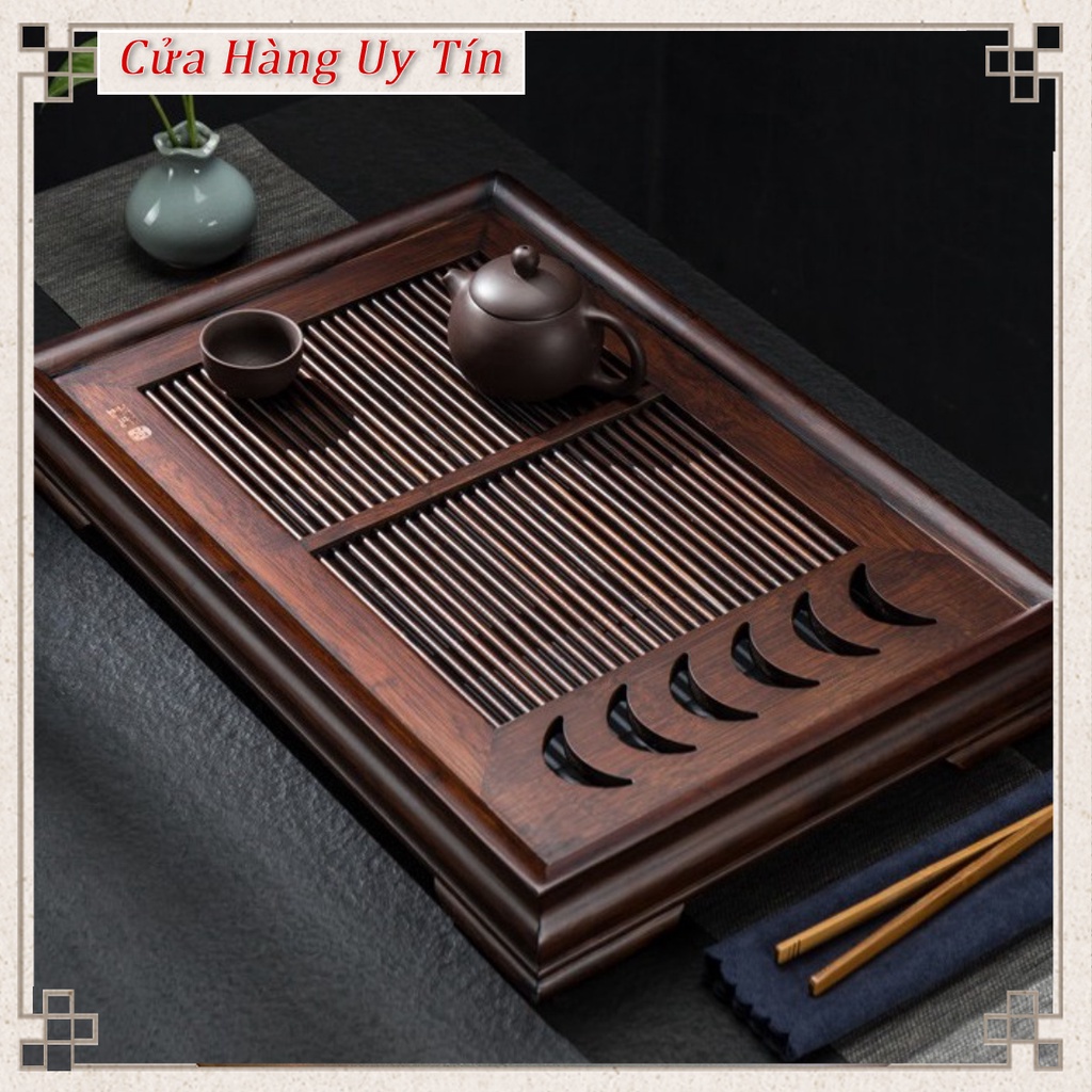 Khay trà tre kích thước 50x34cm có ngăn chứa nước thừa, khay đựng ấm chén cao cấp