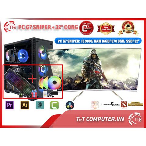 Bộ Máy Tính Chiến Game PC TNT-SNIPER 2 (I5 9400F/ H310/ 16GB/ 120GB/ 400W/ 570 8GB/ 32" CONG like new)