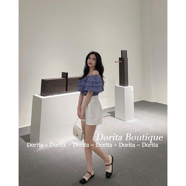 Áo trễ vai kẻ Caro Hàn Quốc, Áo trễ vai Caro siêu xinh - Dorita Boutique