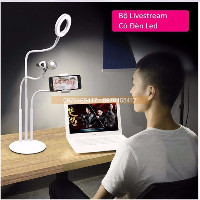 Đèn led livestream 3in1 kèm kẹp điện thoại và kẹp mic