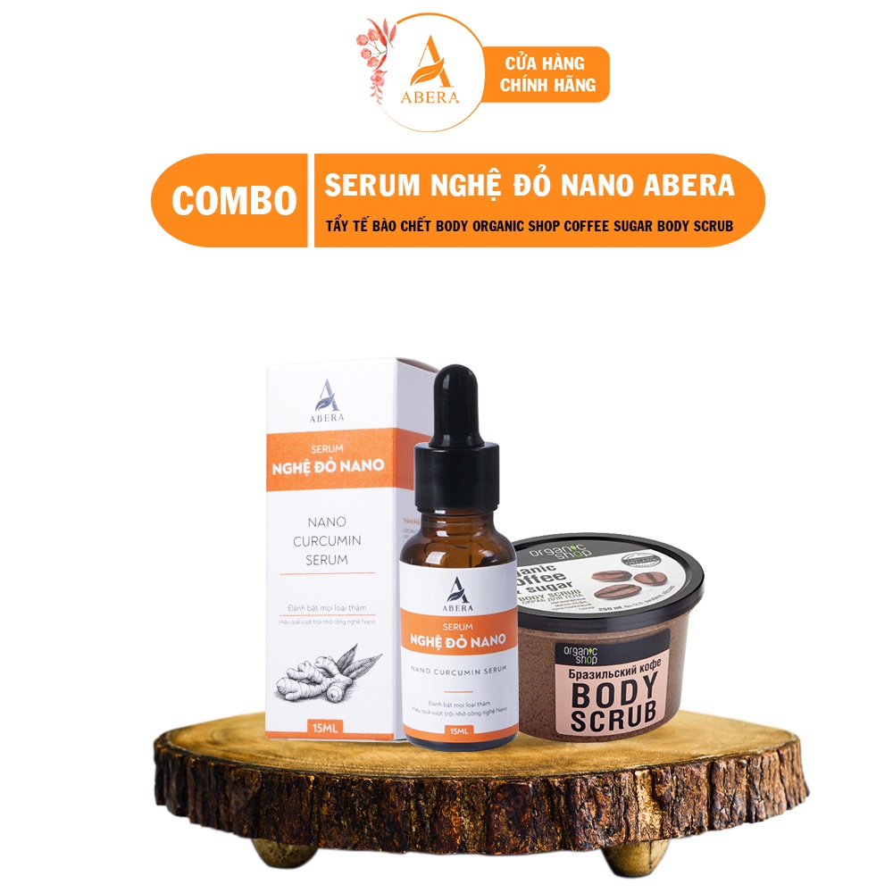 Tẩy tế bào chết Organic Shop Coffee Sugar Body Scrub &amp; Serum mờ thâm nhanh Nghệ đỏ Nano ABERA - 15 ml