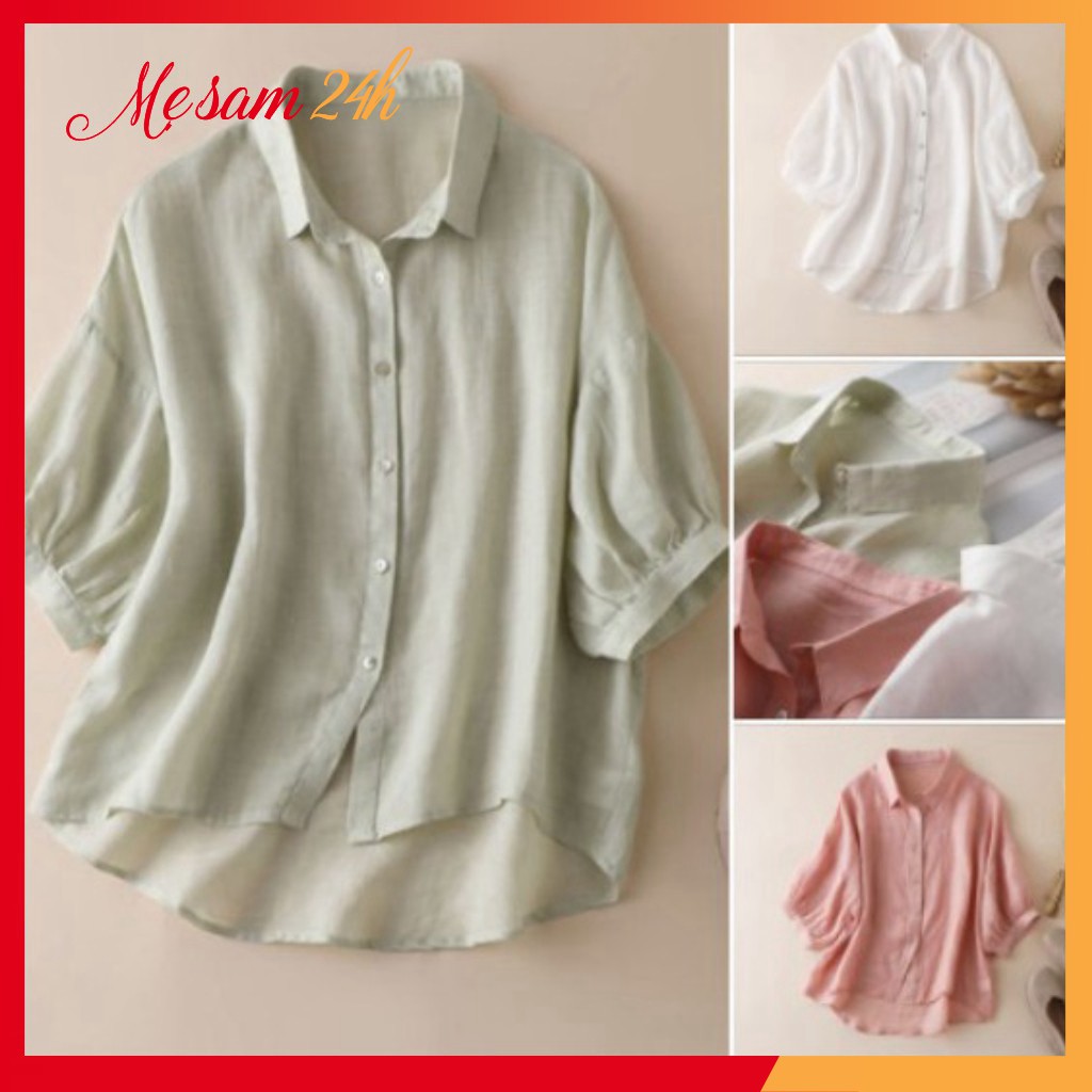 Áo sơ mi nữ tay lỡ cổ đức, kiểu tay nhún, hàng thiết kế chuẩn đẹp, chất liệu Đũi mềm, mát mẻ, trẻ trung | BigBuy360 - bigbuy360.vn