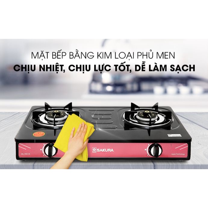 Bếp gas đôi Sakura SA-2181EB-Chính hãng trưng bày+Tặng dây gas-Mặt bếp Kim loại phủ men Đầu đốt:Đầu đốt tiết kiệm gas