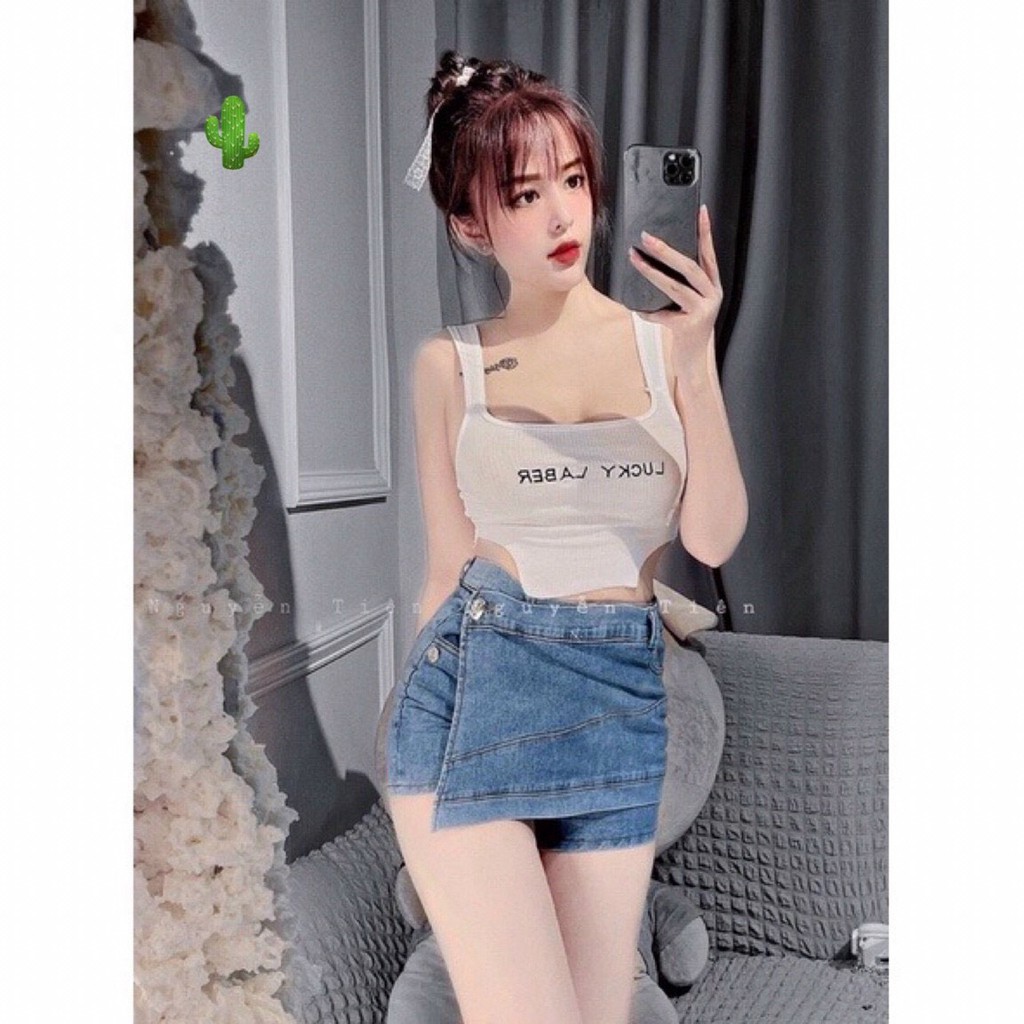 Áo ba lổ croptop tôn dáng thêu chữ lucky may mắn chất thun gân PCLY20