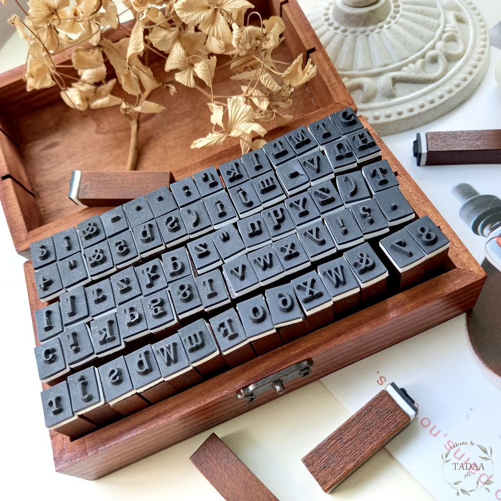 Set hộp con dấu gỗ in chữ cái alphabet trang trí bullet journal phong cách vintage cổ điển