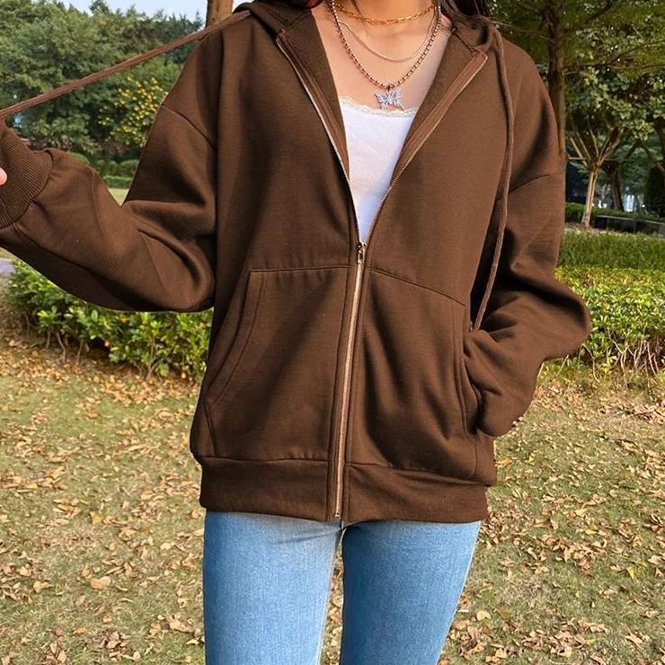 (Titleawal) Áo khoác Hoodie ngoại cỡ L, XL, XXL có khóa kéo màu trơn cho nữ