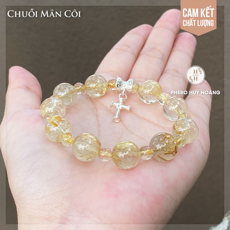 Chuỗi Mân Côi đá Tóc Vàng kết hợp Thánh Giá Bạc nguyên chất - Vòng tay bằng đá - Quà tặng Công Giáo