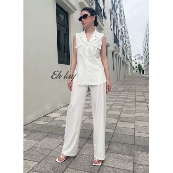 Set vest sát nách quần ống suông túi hộp thiết kế cao cấp vải đũi lạnh