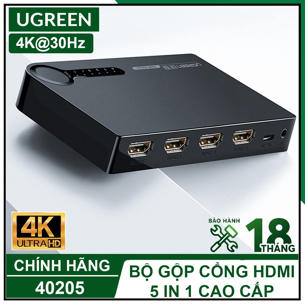 Bộ Gộp Cổng HDMI 5 IN 1, Hỗ Trợ 4K30Hz Cao Cấp, UGREEN 40205 Chính Hãng