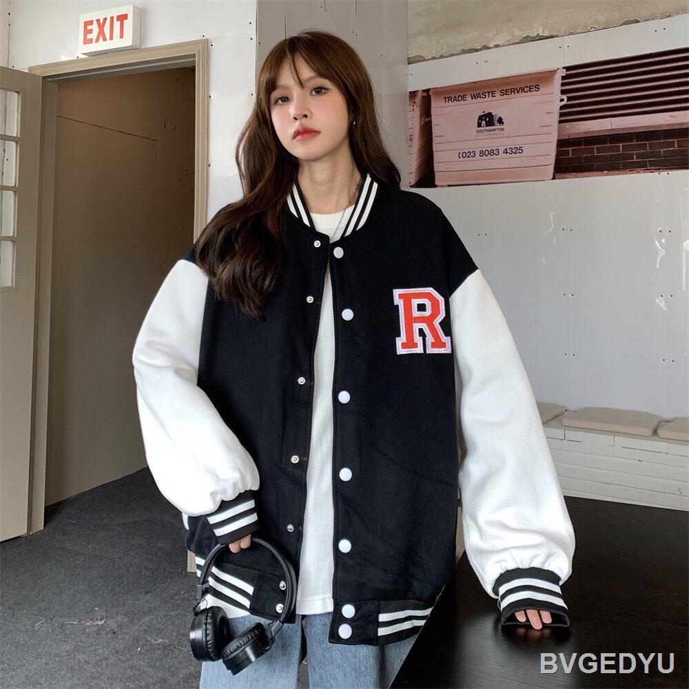 ✷✎♘Áo bomber nam nữ phối tay họa tiết chữ R phom rộng unisex | BigBuy360 - bigbuy360.vn