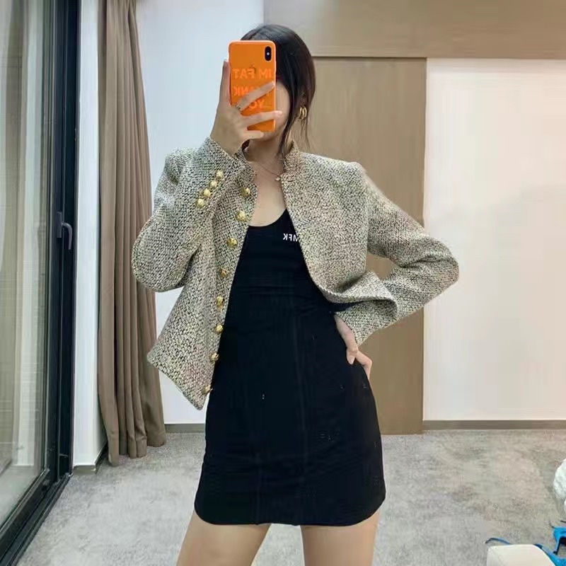 Áo dạ Tweed khuy vàng cổ đứng phong cách Hàn Quốc chuẩn hàng Quảng Châu