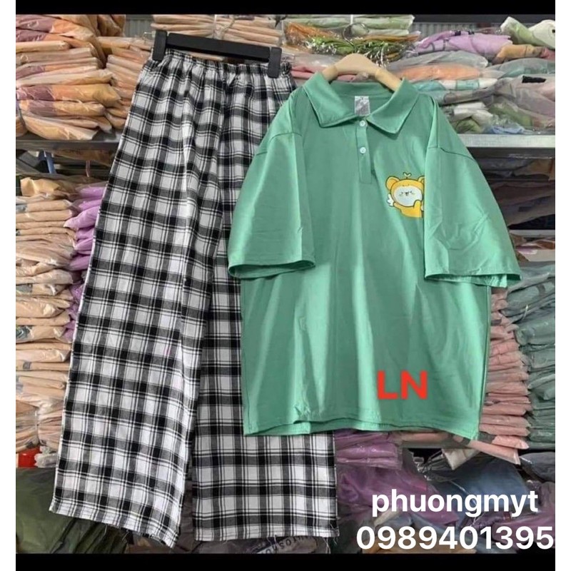 Sét áo polo chuột vàng+quần kẻ đen LN11