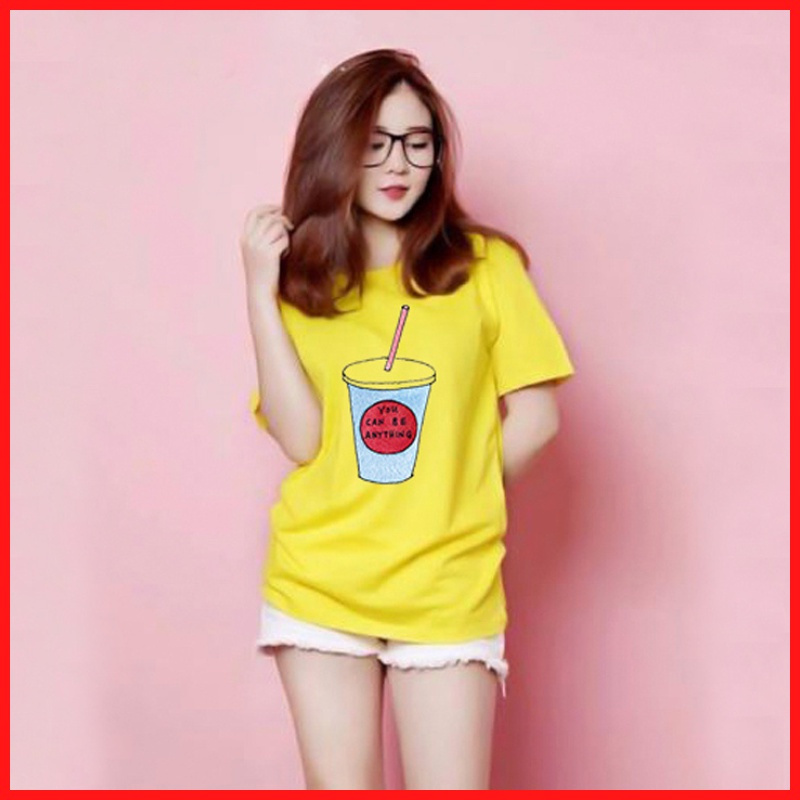 Áo Thun Nữ Màu Vàng In Ly Nước DLX