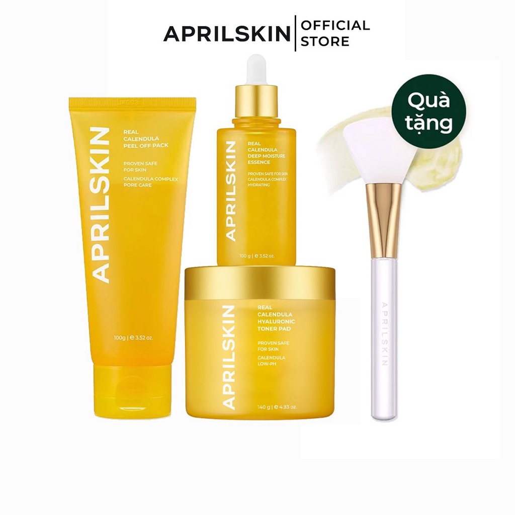Aprilskin Set mặt nạ lột Real Calendula Peel Off Pack &amp; Peeling Pad &amp; tinh chất Moisture Essence + cọ Jelly