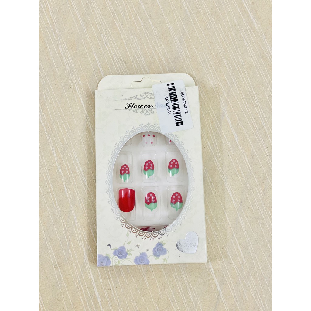 BỘ MÓNG TAY GIẢ KÈM KEO DÁN, nail siêu đẹp cực dễ thương nails with glue, đỏ trắng xanh đen hình thú trái dâu, tốt xịn