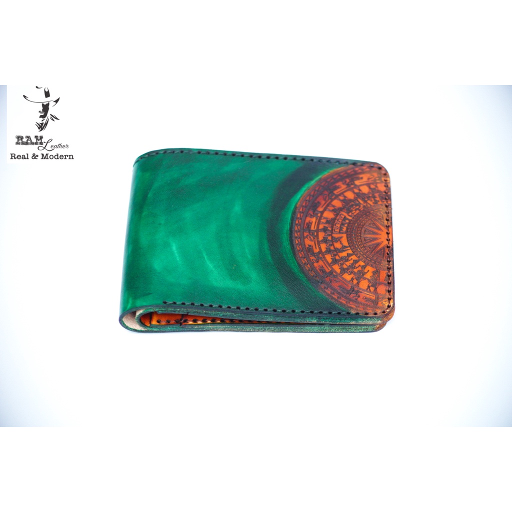 Ví nam nữ RAM Leather trống đồng Việt Nam xanh ngọc (trống vàng) da bò Italia Vegtan handmade cao cấp dáng ngang