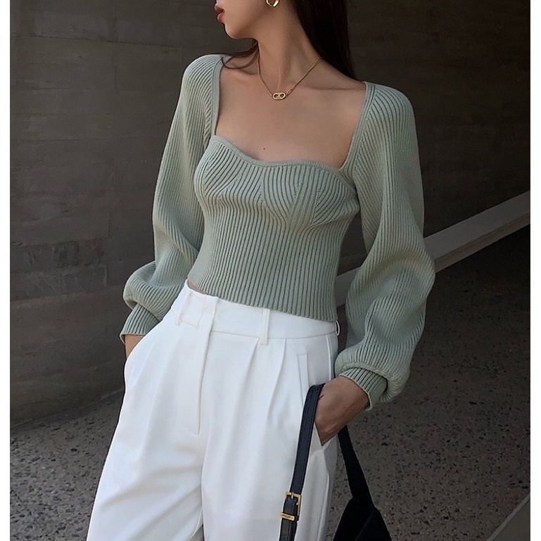 Áo croptop len cúp ngực tay bồng cao cấp 2021