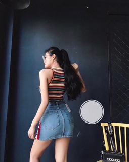 Set áo len thun + chân váy jean sọc