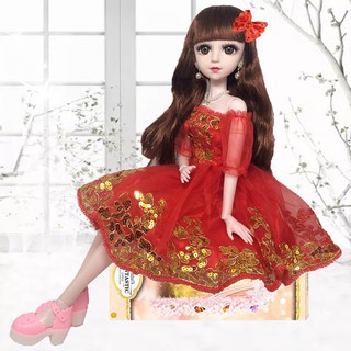 Búp Bê 3D Cao 60cm BJD 18 Khớp Váy Đỏ Kim Sa Lấp Lánh