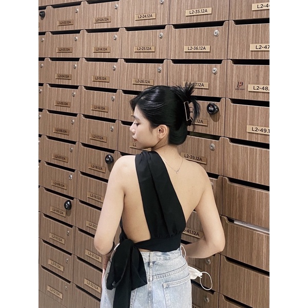 Áo nữ thiết kế- New Arrival-Áo croptop chéo vai Untamed có sẵn mút ngực đen chéo lưng sexy cá tính quyến rũ ELE