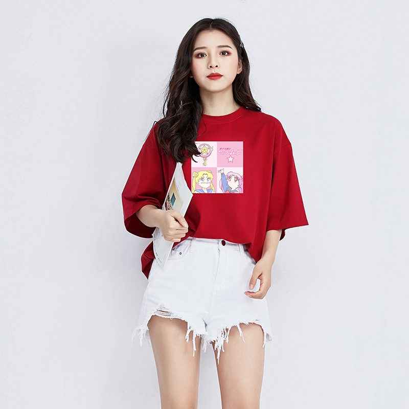 Áo thun T-shirt cotton cổ tròn tay ngắn in hình thủy thủ mặt trăng thời trang Hàn Quốc mùa hè