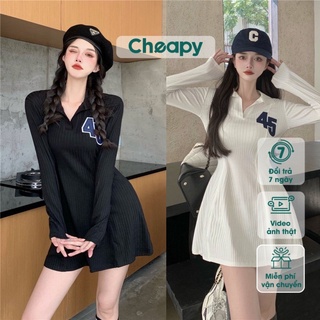 Váy đầm nữ dài tay dáng xòe ngắn thêu chữ 45 đen trắng freesize sexy Cheapy phom ôm tôn cổ bẻ C672