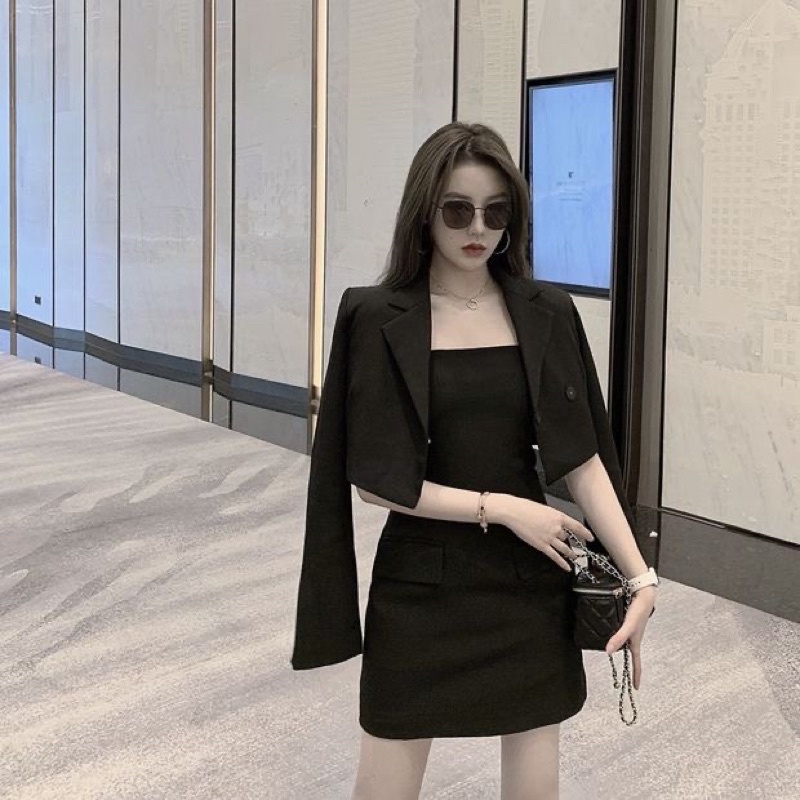 Set áo khoác ngắn croptop mix váy ống cup ngực phong cách cá tính