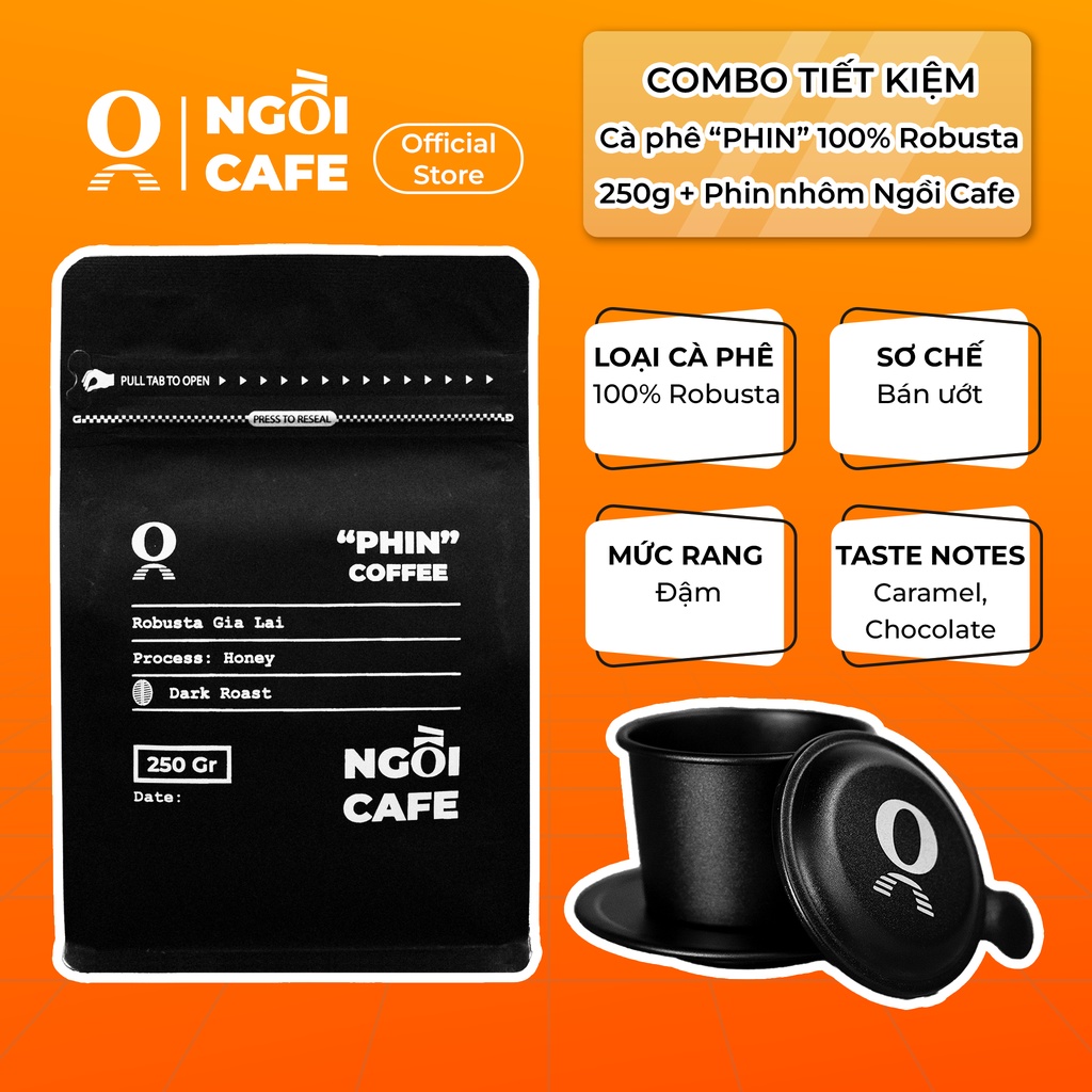 Combo 250g cà phê Robusta rang xay và phin nhôm đen tiết kiệm Ngồi Cafe