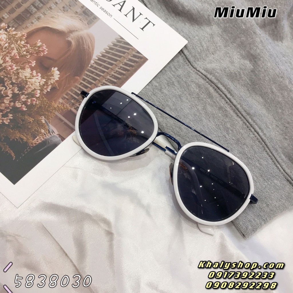 Mắt kính mát nam nữ thời trang cao cấp Miu Miu màu trắng viền xanh siêu hot 007 (Italy) - KMTT007