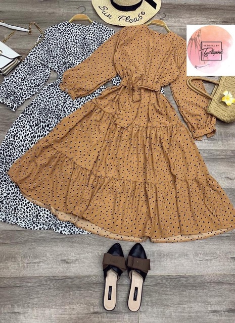 Đầm maxi Cattie Dress Blapink đầm đi biển tay dài nhiều tầng freesize