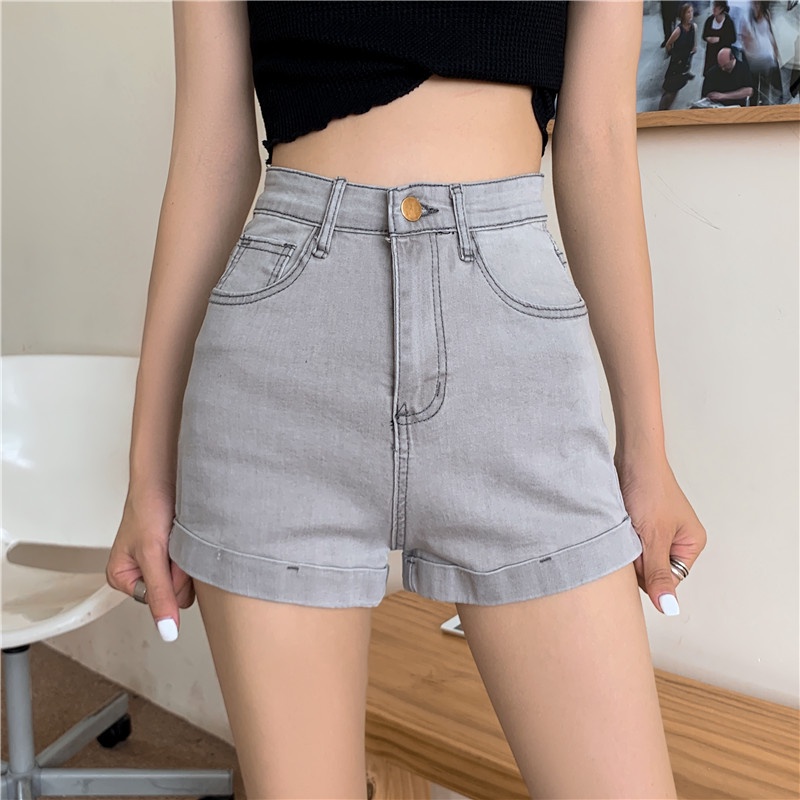 IELGY Quần Short denim Lưng Cao Dáng Ôm Kiểu retro Thời Trang Cho Nữ