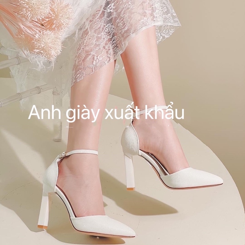 CG49 - Giày cưới , giày cao gót nữ bít mũi bao gót, gót trụ 9p chắc chắn, màu trắng chất liệu nhũ xước kim tuyến bling.