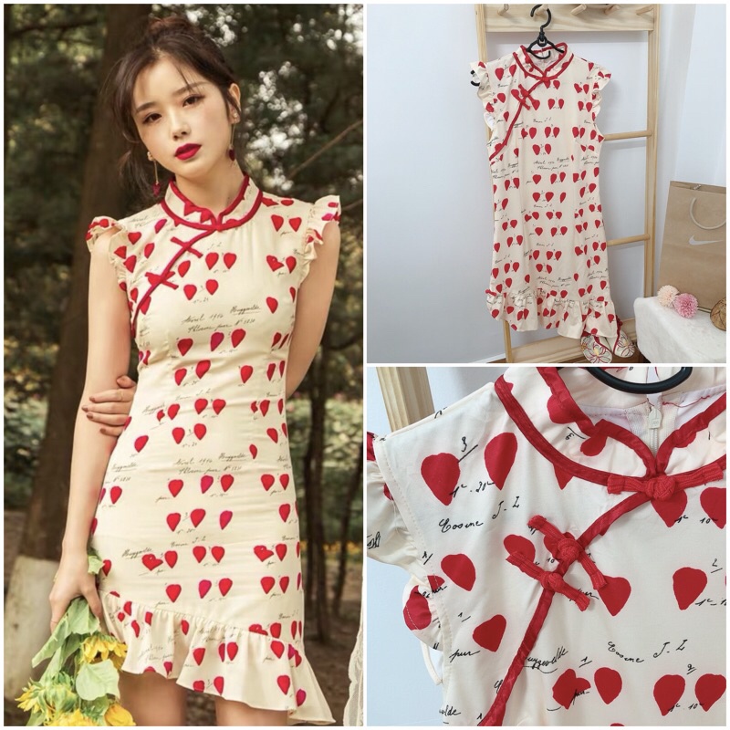 Sườn xám tone trắng be thanh lịch dưới 60 kg