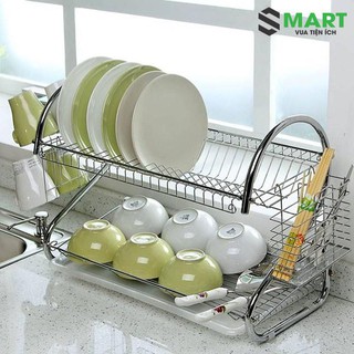Kệ úp bát đĩa 2 tầng inox có khay hứng nước tiện dụng, kệ úp bát nhỏ gọn - ngăn nắp - sang trọng