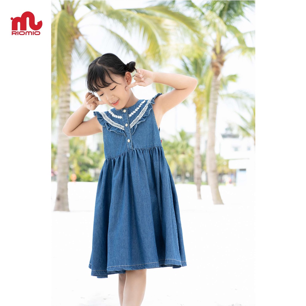 Váy jean bé gái 3-11 tuổi (15-40kg) dáng suông RIOMIO cổ phối ren 100% cotton USA cao cấp cho bé - RO216