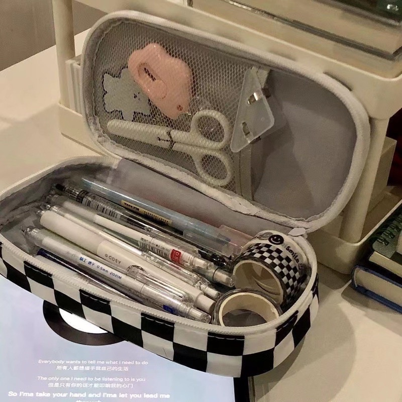 Hộp bút kẻ caro học sinh sinh viên túi đựng bút nhiều ngăn giá rẻ