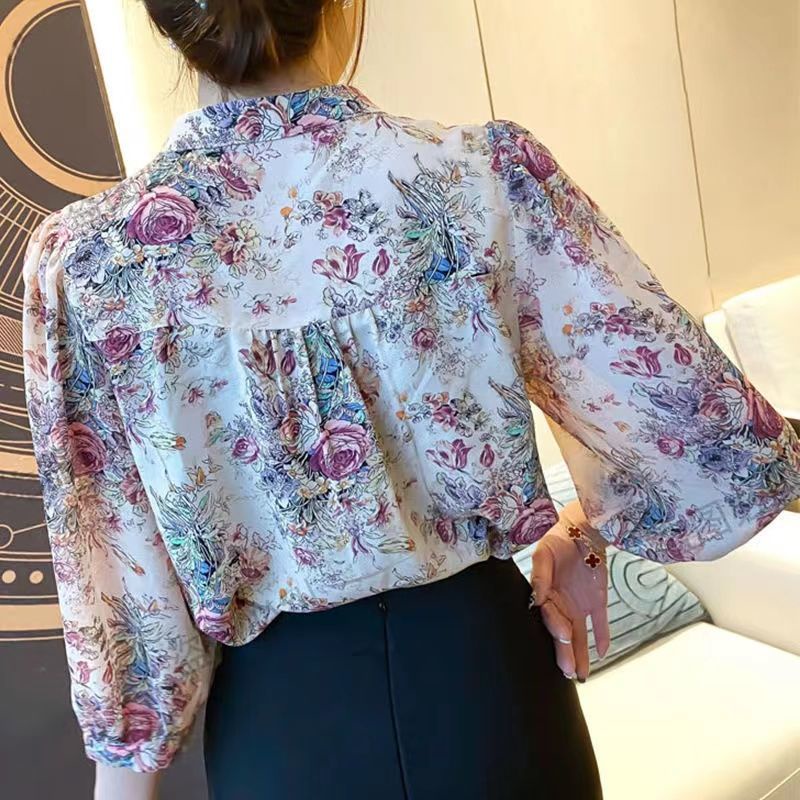 Áo Sơ Mi chiffon Ngắn Tay Form Rộng Họa Tiết Hoa Phong Cách Phương Tây