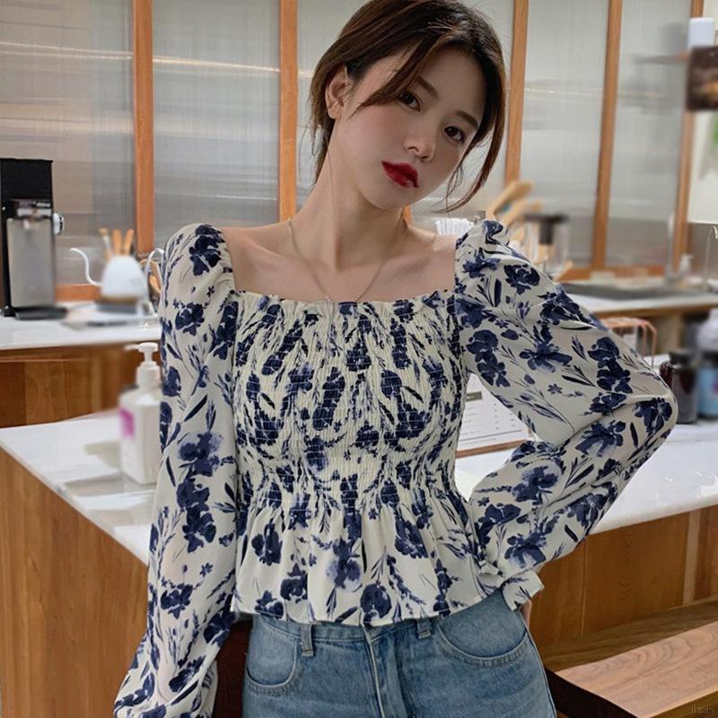 Áo croptop chiffon cổ vuông in họa tiết hoa phong cách Hàn Quốc quyến rũ cho nữ