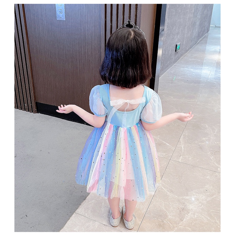 Váy xinh bé gái 1-8 tuổi đầm công chúa thời trang ngắn tay cầu vồng vải tuyn Frozen Elsa mùa hè cho bé trẻ em