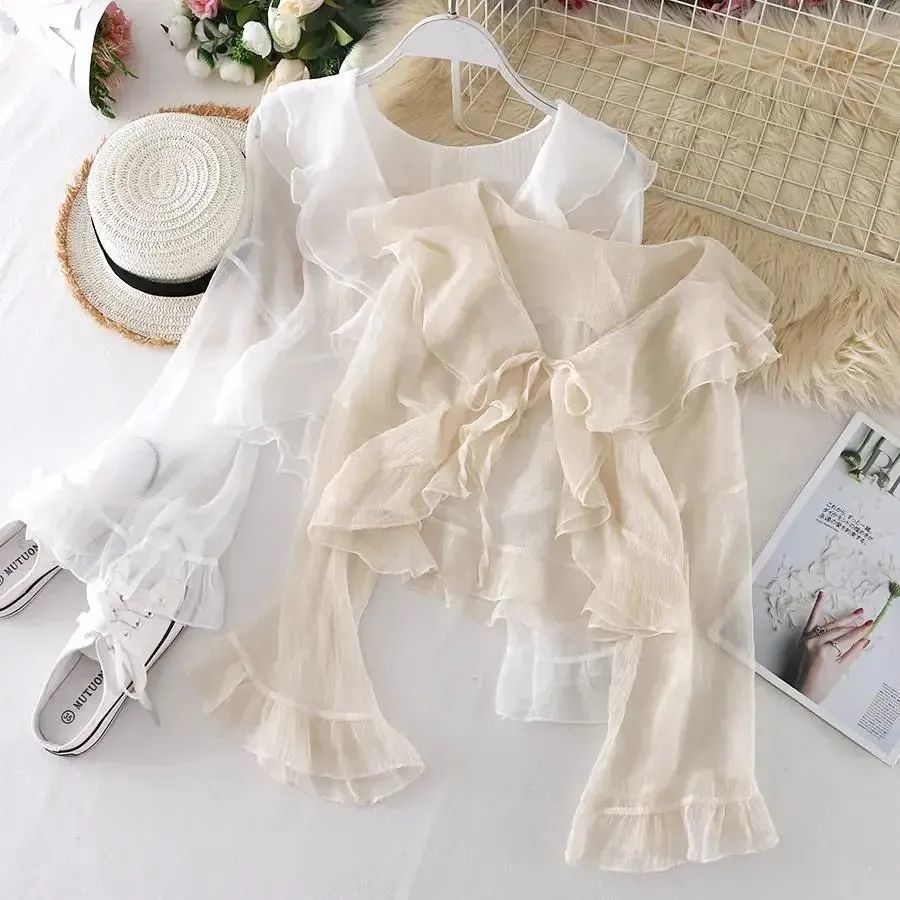 Áo Khoác Cardigan Chống Nắng Chất Liệu Chiffon Mỏng Nhẹ Kèm Váy Hai Dây Thời Trang Mùa Hè Cho Nữ