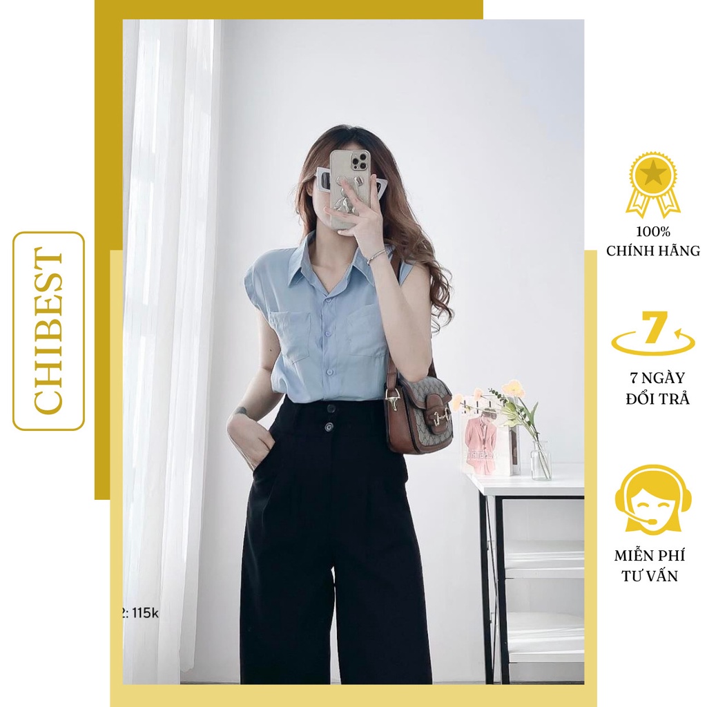 Áo sơ mi không tay kiểu dáng tanktop 2 túi nhũ phong cách Hàn Quốc CHIBEST AAB512