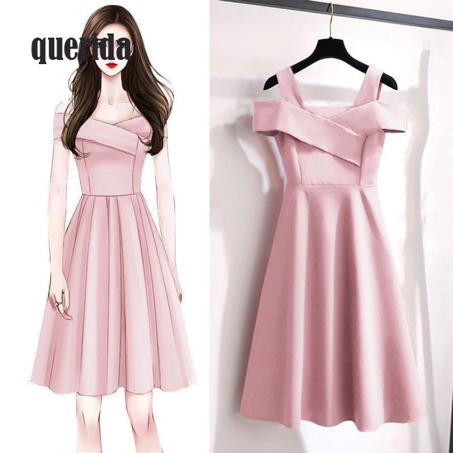 COD Women Fashion Off-shoulder  Dress Cross Front High Waist Sexy Backless Comfortable Solid Color Pullover Midi Skirt