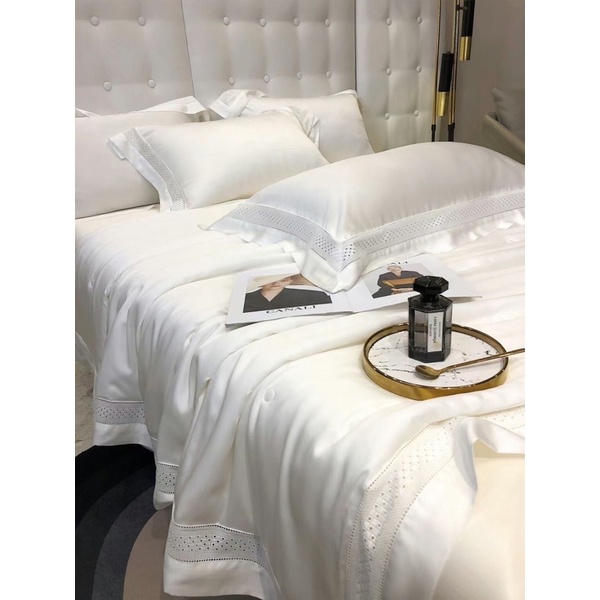Set tencel chăn hè tơ tằm 140S viền phối ren sang chảnh