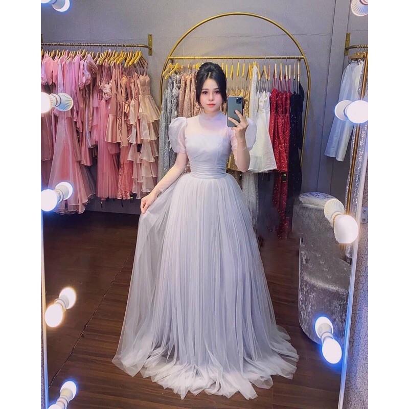 Đầm xoè maxi tay phồng bo eo