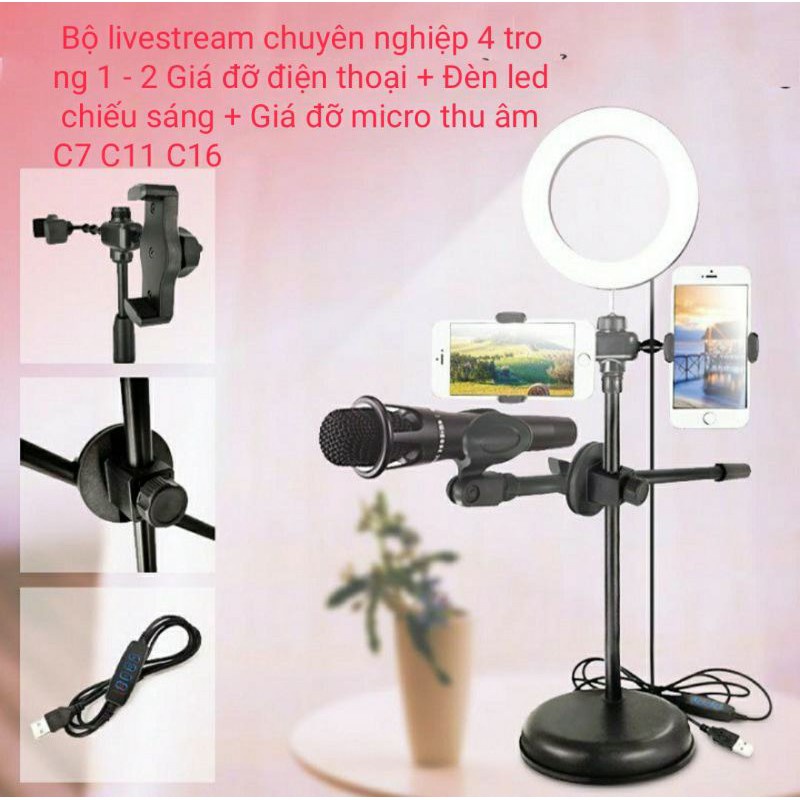 Đèn livestrem cao cấp 3in1 - 4in1, tích hợp giá đỡ kẹp 2 điện thoại, kiêm đèn led 3 màu quay video tiktok