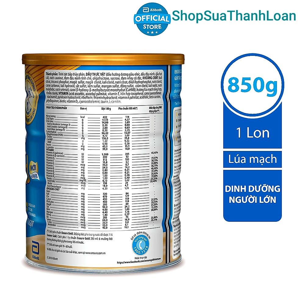 [HSD T6-2023] Sữa bột Ensure Gold Lúa mạch (HMB) Hộp 850gr