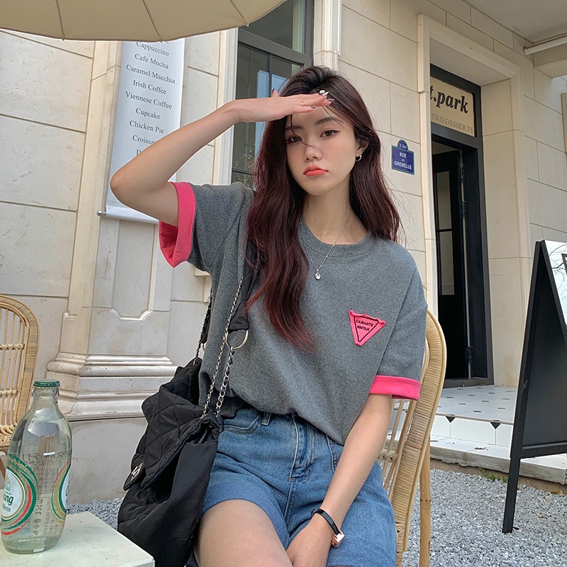 Áo Thun Tay Ngắn Cổ Tròn Màu Sắc Tương Phản Thời Trang Mùa Hè Cho Nữ