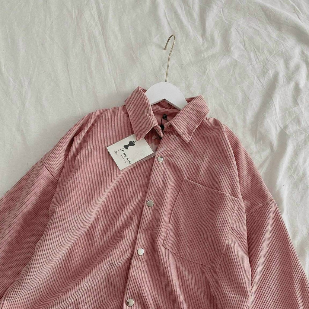Áo Khoác Sơ Mi Nhung Gân Nam Nữ Unisex Thêu Logo Mặt Cười Chất Dày Dặn Phong Cách Hàn Quốc